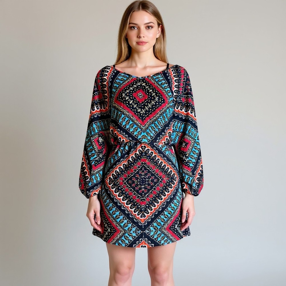 356. Boho Geometric Medallion Print Mini Dress Red Turquoise Balloon Sleeve